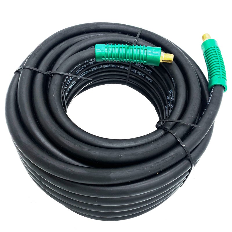 DYNAMIC POWER Premium Black Rubber Air Hose 3/8" x 50 ft 300 PSI Assembly with 1/4" Male Pipe Thread Fittings & Bend Restictors. - Image 1